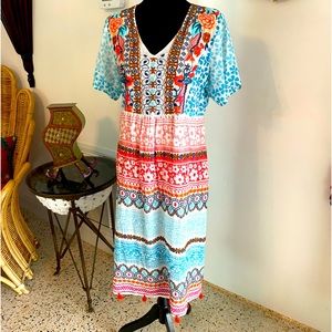 DOLMA Bohemian Cotton Print Embroidered Dress! Beautiful! Short Sleeves! Large